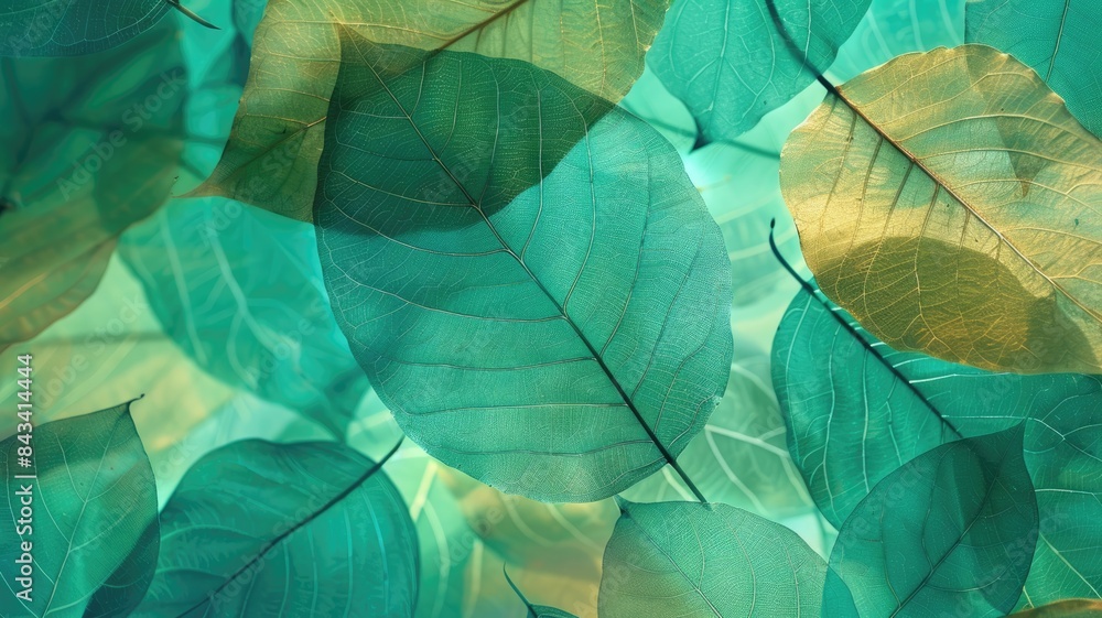 Many transparent silhouettes of skeleton leaves on a green, turquoise and yellow background. Floral pattern of beautiful leaves in nature macro. Many transparent silhouettes of skeleton leaves on a green, turquoise and yellow background. Floral pattern of beautiful leaves in nature macro.