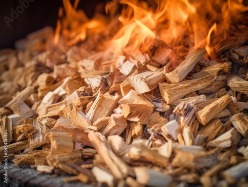 Close-up photo of burning firewood with bright flames and wooden logs providing warmth and ambiance. Perfect for illustrating cozy environments.