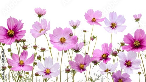 A close-up image of a cluster of pink and white cosmos flowers in bloom  showcasing their delicate petals and vibrant colors