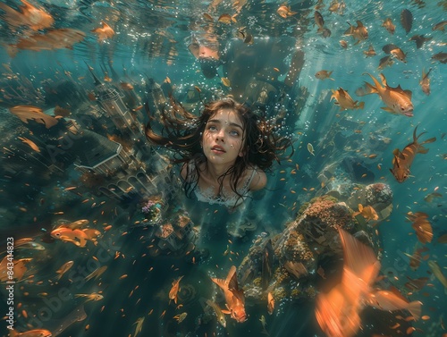 Surreal Underwater Scene with Girl and Fish in Sunken Fantasy City