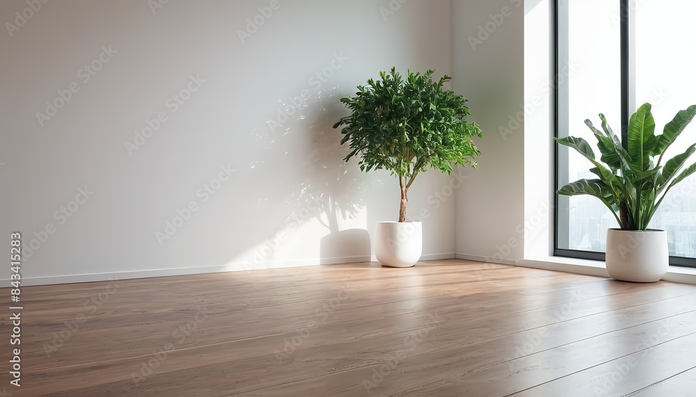 A empty living room with a plant on the wall A empty living room with a plant on the wall