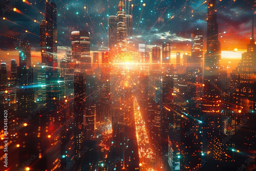 Fototapeta premium A colorful magnetar emerges from a holographic display, forming a detailed urban landscape in mid-air.