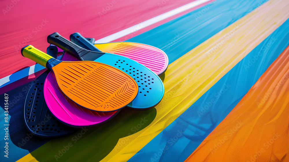 custom made wallpaper toronto digitalA high-definition image of a neatly stacked pile of brightly colored pickleball paddles, lying on a freshly painted court with vibrant lines, capturing the textures and colors