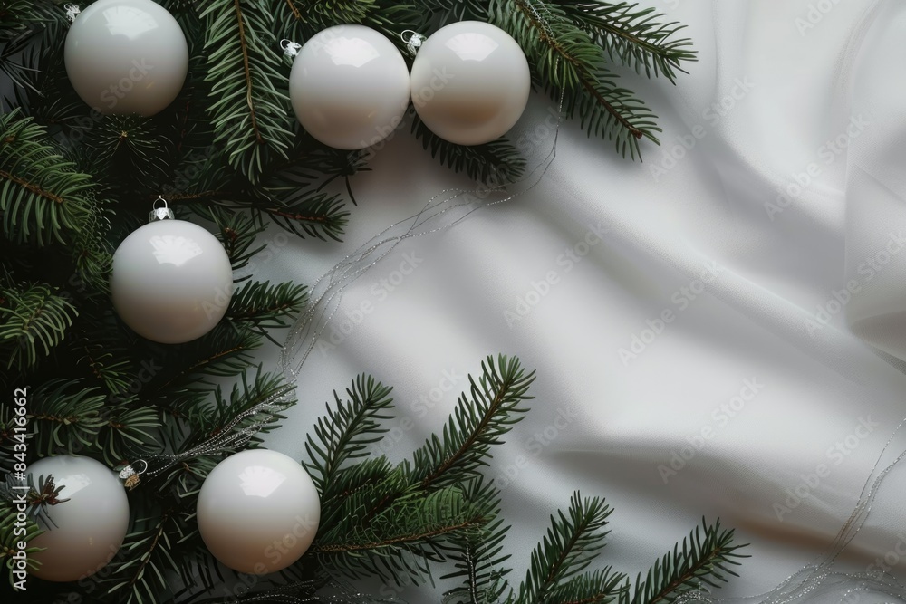 Background with pine branches and white Christmas balls Background with pine branches and white Christmas balls