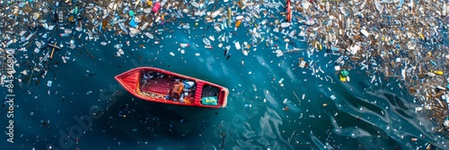 An aerial view of a red boat floating in a sea of plastic debris, highlighting the devastating impact of pollution on marine environments