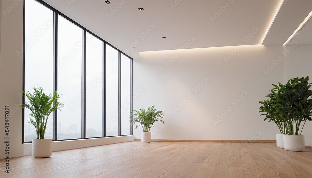 Fototapeta premium a room with a white wall and a green plant in the corner.