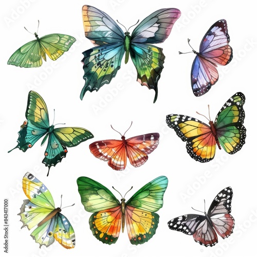 Watercolor illustration of a lively butterfly collection. © Thi