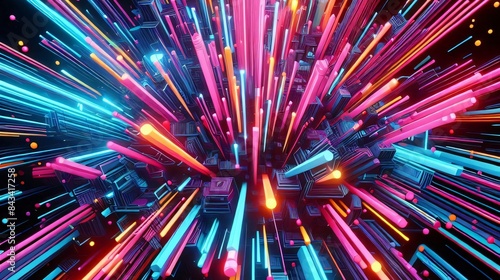 Neon lines converging in a psychedelic explosion - 3d render