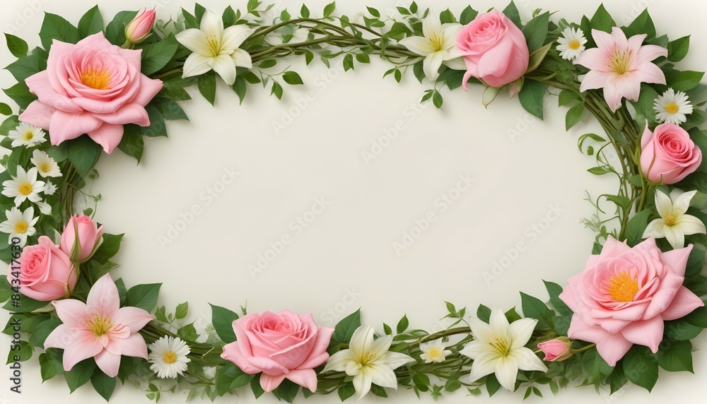 A stunning display of flowering roses, lilies, and daisies, expertly entwined with verdant, trailing vines, crafting a refined oval frame with a blank, white central space for text. A stunning display of flowering roses, lilies, and daisies, expertly entwined with verdant, trailing vines, crafting a refined oval frame with a blank, white central space for text.