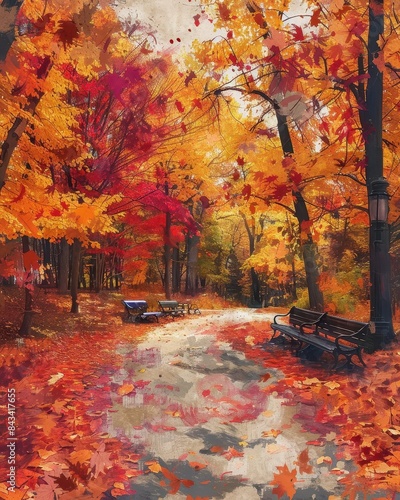 The picturesque digital painting of an autumn park with beautiful