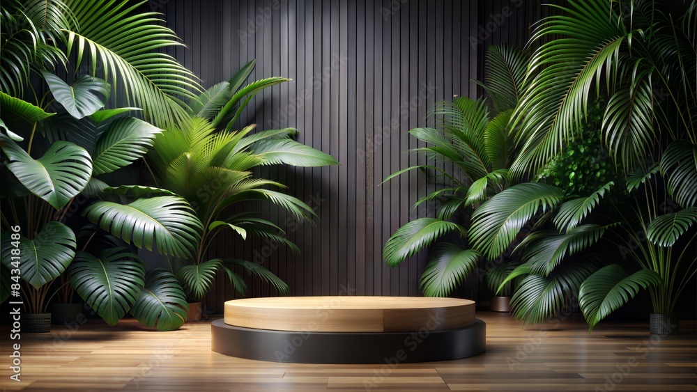 Fototapeta premium Wood podium stage display mockup for product presentation with a black tropical background
