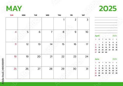 May 2025 Calendar. Week start on Sunday. Desk calendar 2025 design, simple and clean design, Wall calendar for print, digital calendar, Corporate design planner template vector. photo