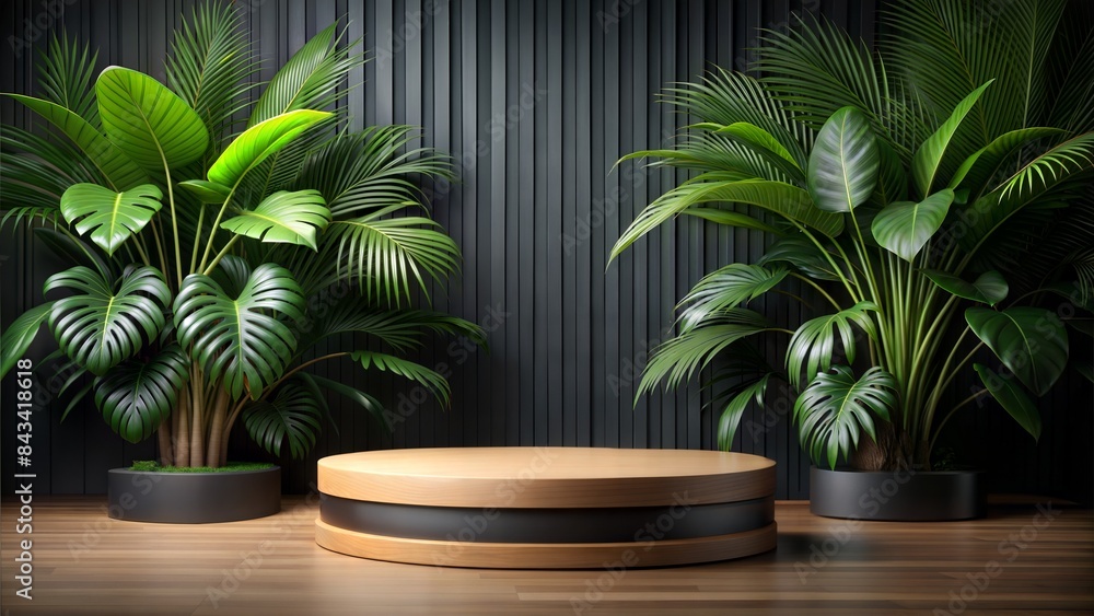 Fototapeta premium Wood podium stage display mockup for product presentation with a black tropical background