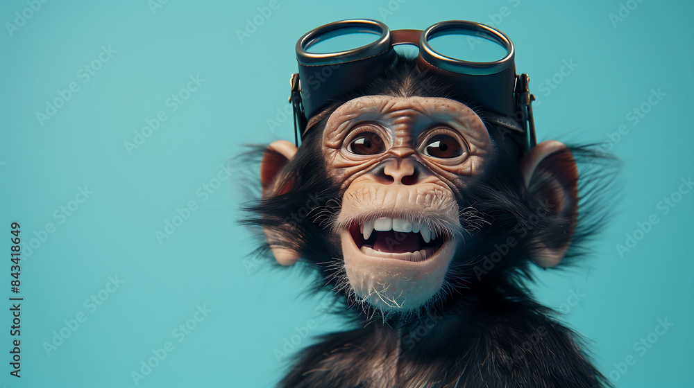 A playful monkey wearing aviator glasses and a wide smile against a solid cyan background A playful monkey wearing aviator glasses and a wide smile against a solid cyan background