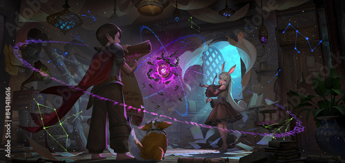 A beautiful fantasy illustration of the kids discovered and unlocked the magic artifact in the medieval room under the full moon night.