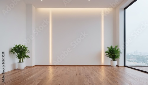 a room with a white wall and a green plant in the corner.