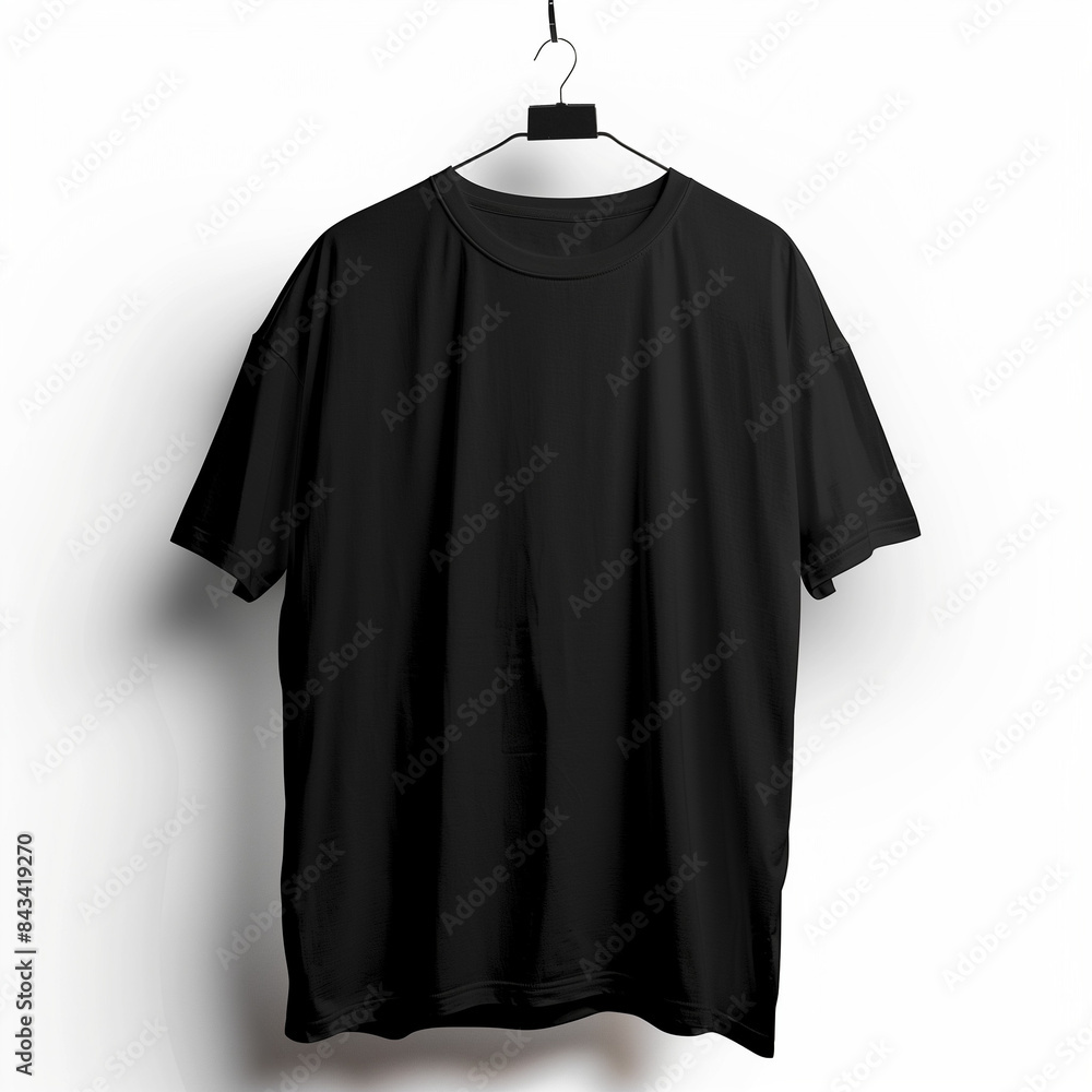 a product photo of a plain black t-shirt hanging on a warm gray wall, with some natural lighting a product photo of a plain black t-shirt hanging on a warm gray wall, with some natural lighting