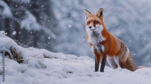 A red fox standing alertly in a snowy winter landscape
