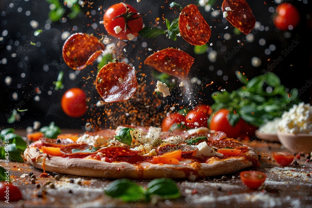 deconstructed pepperoni pizza in a dynamic explosion. Each ingredient, from pepperoni slices to melted cheese, hangs frozen in a cool, appetizing display. deconstructed pepperoni pizza in a dynamic explosion. Each ingredient, from pepperoni slices to melted cheese, hangs frozen in a cool, appetizing display.