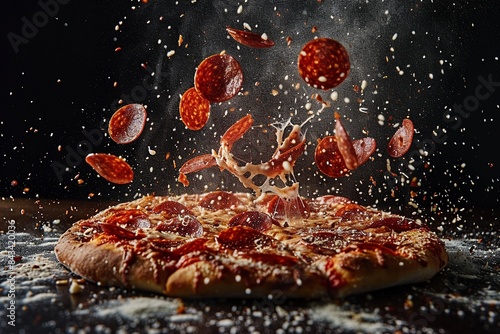 deconstructed pepperoni pizza in a studio setting, with ingredients suspended in mid-air. Illuminated by cool studio lighting, this dynamic food display is bursting with appetizing energy photo