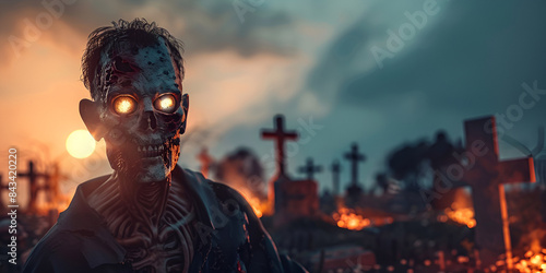 Spooky thrill zombie monster character over damaged house on fire background generative ai Dead person with glowing eyes feeling hungry and bloodthirsty portrait
 photo