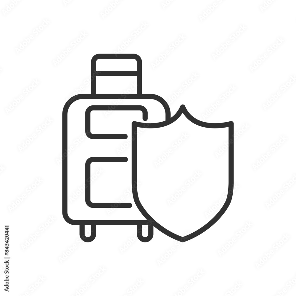 Baggage Insurance, linear icon. luggage and shield. Line with editable stroke Baggage Insurance, linear icon. luggage and shield. Line with editable stroke