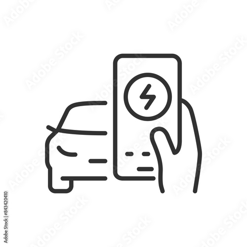 Remote control of the car's charge level, linear icon. Car and smartphone. Line with editable stroke