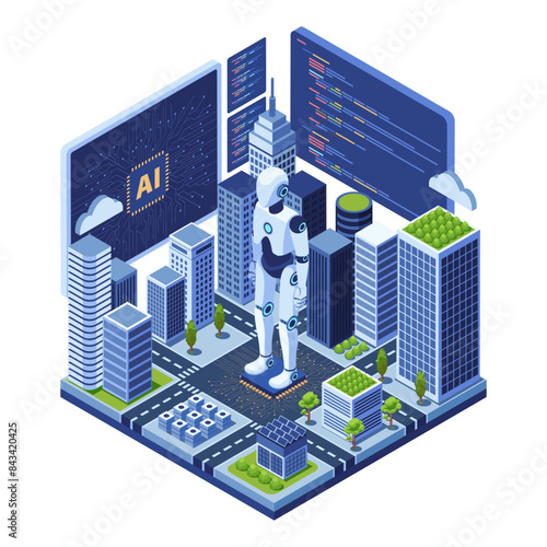 Isometric Smart City Powered by Ai Artificial Intelligence