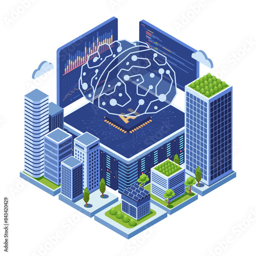 Isometric Smart City Powered by AI Brain Neural Network