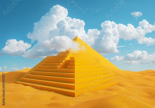 A metallic 3D image shows a surreal desert with a yellow stepped pyramid under a blue sky with white clouds. photo