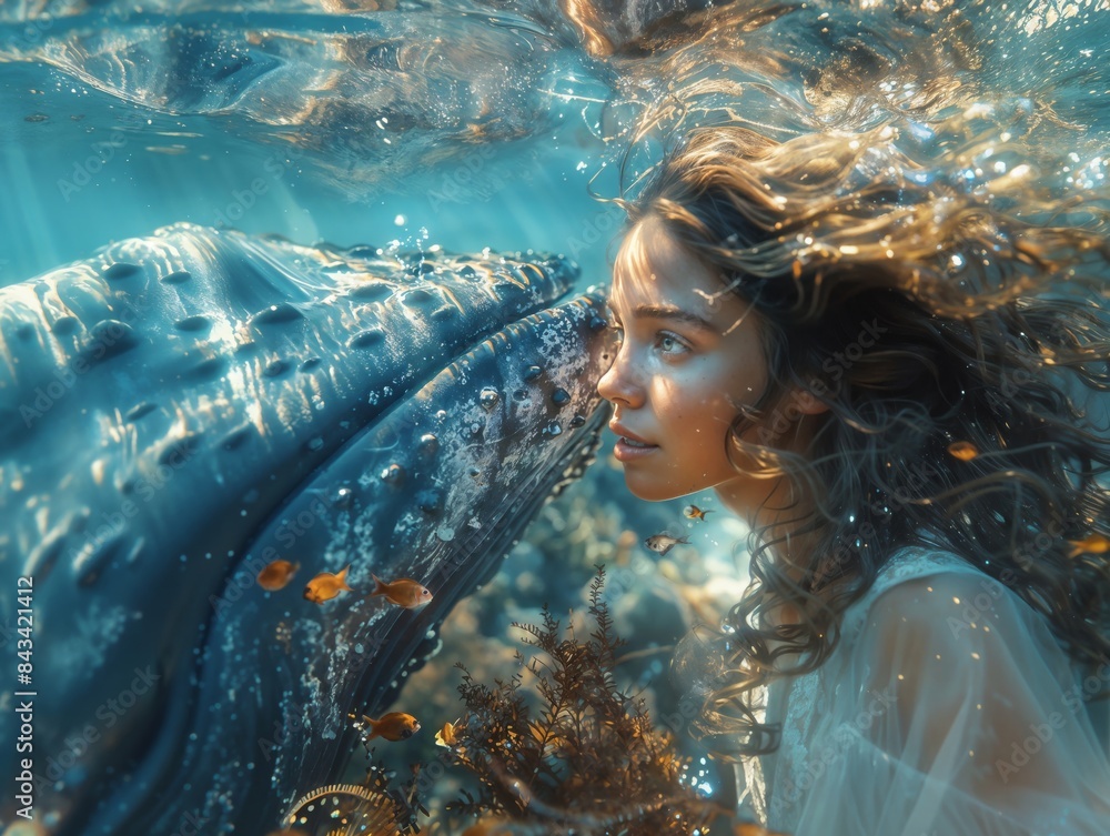 Magical Underwater Connection Between a Woman and a Whale Amidst Marine Life Magical Underwater Connection Between a Woman and a Whale Amidst Marine Life