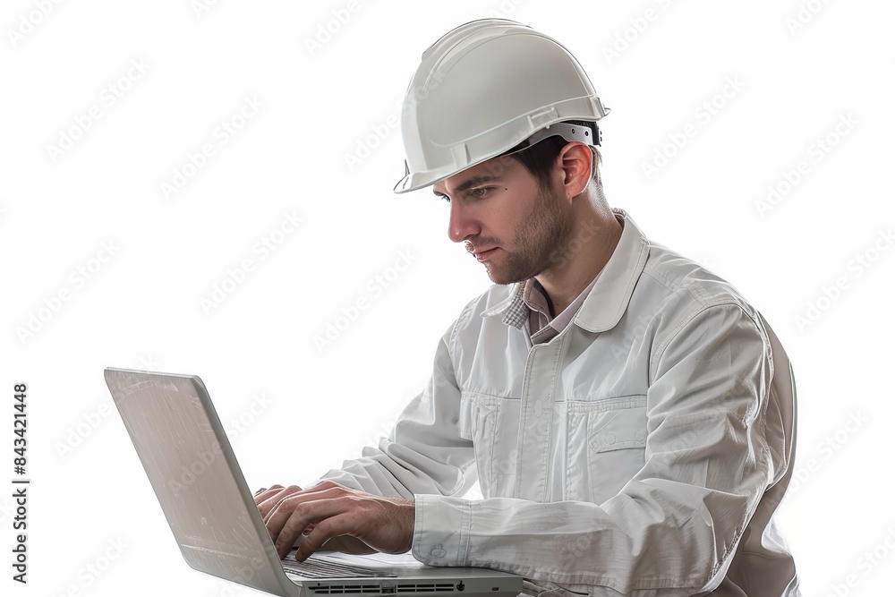 A captivating photo of an attractive inspection engineer in a pristine white hardhat, meticulously annotating technical specifications on a laptop. A captivating photo of an attractive inspection engineer in a pristine white hardhat, meticulously annotating technical specifications on a laptop.