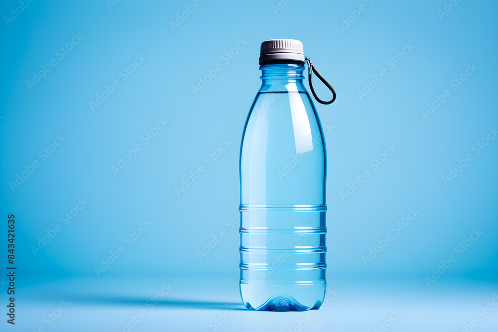 Ai generated image of a transparent water bottle on light blue background Ai generated image of a transparent water bottle on light blue background