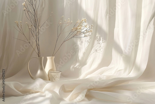 Minimalist composition beige aesthetic. Aesthetic Boho wedding backdrop.Floral branch and blanket cloth on neutral beige background. Minimal aesthetic wedding invitation template.