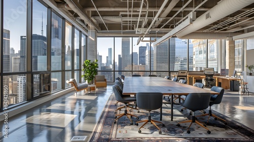 Clean, open coworking area with expansive windows, city views, and contemporary office furniture
