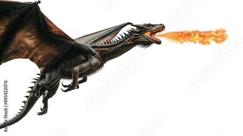 black scaly mythical dragon breathing fire, transparent background photo