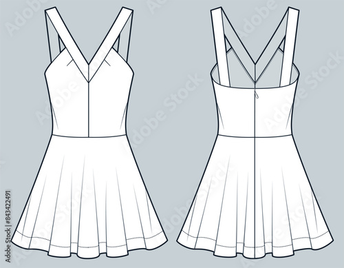 Low Neck Dress technical fashion illustration. Flare Dress fashion flat technical drawing template, strap, back zipper, sleeveless, mini length, front, back view, white, women Jersey Dress CAD mockup.