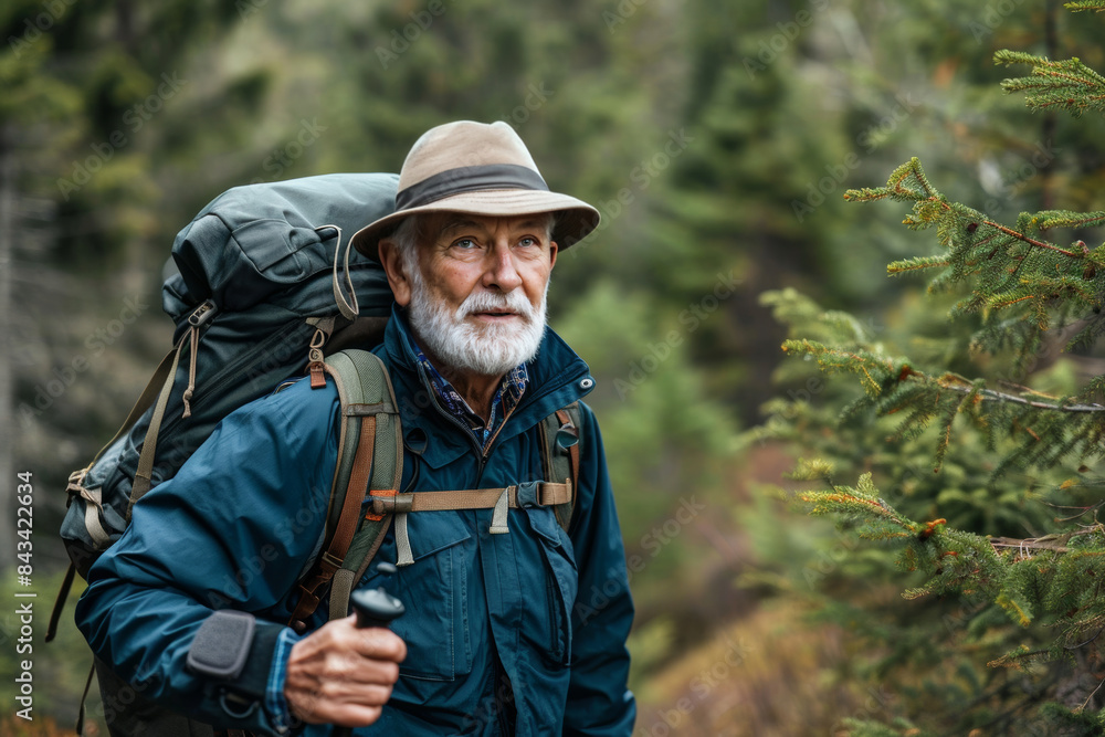 Senior Man Hiking in Forest with Backpack Senior Man Hiking in Forest with Backpack
