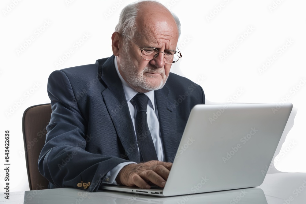 A focused senior man wearing a suit working on a laptop in a modern office setting, A focused senior man wearing a suit working on a laptop in a modern office setting,