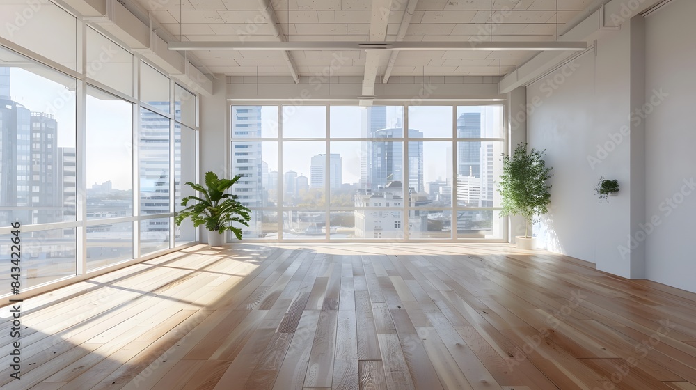Fototapeta premium Bright and spacious coworking office with large windows, city views, modern equipment, and plenty of natural light