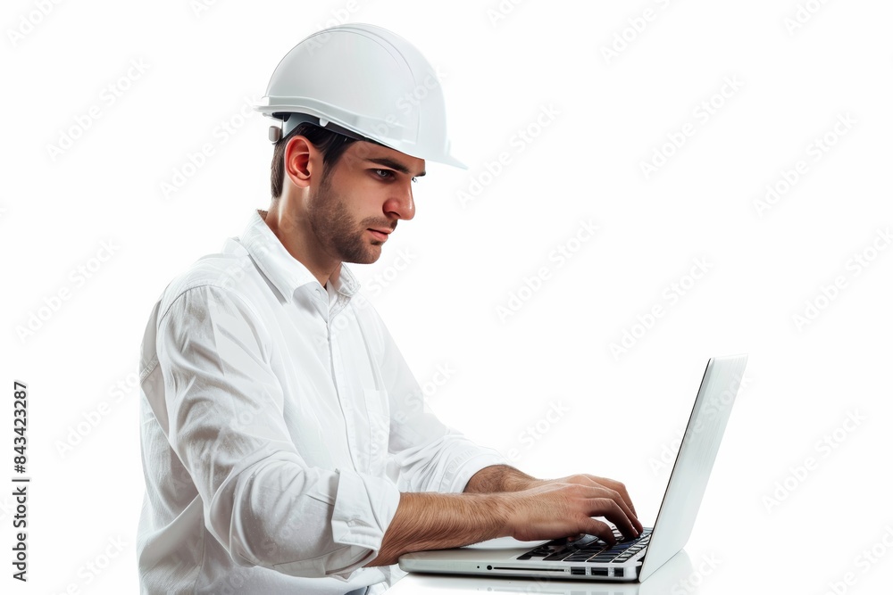 A radiant image of an alluring inspection engineer adorned in a gleaming white hardhat, confidently reviewing project timelines on a laptop. A radiant image of an alluring inspection engineer adorned in a gleaming white hardhat, confidently reviewing project timelines on a laptop.