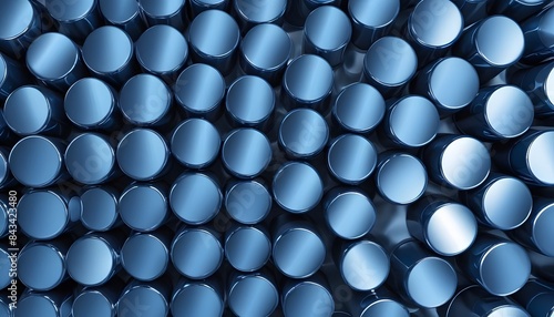 Abstract blue metallic chrome background with cylinders. Ceramic round tiles. Geometry pattern. Random cells. Polygonal glossy surface. Futuristic abstraction. 3d rendering illustration