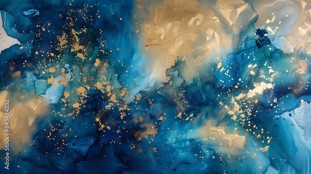 Naklejka premium Hand painted background with mixed liquid blue and golden paints. Abstract fluid acrylic painting. Modern art. Marbled blue abstract background. Liquid marble pattern. 