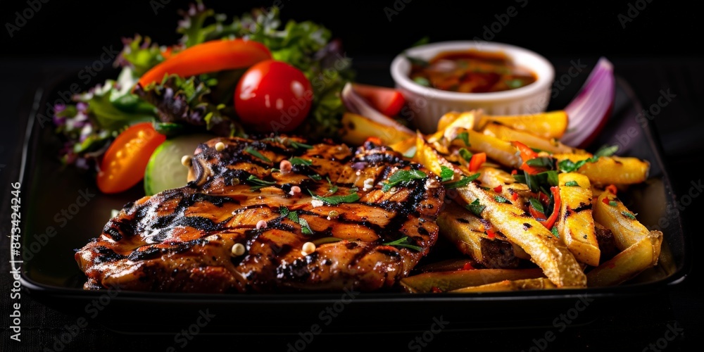 A close-up photo of a delicious grilled chicken steak served with potatoes and a side salad A close-up photo of a delicious grilled chicken steak served with potatoes and a side salad