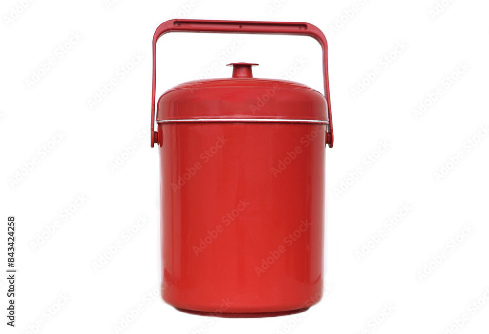 Red plastic bucket cooler. Concept, kitchenware container for keep cool of ice. White background. Concept, kitchenware container for keep cool of ice, prepare for mix in beverages in party or picnic. Red plastic bucket cooler. Concept, kitchenware container for keep cool of ice. White background. Concept, kitchenware container for keep cool of ice, prepare for mix in beverages in party or picnic.