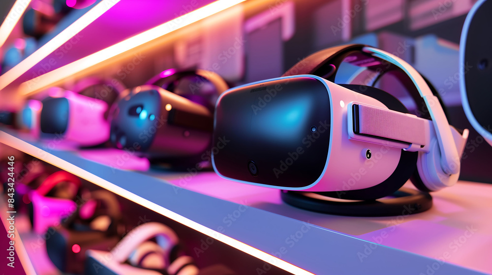 An array of virtual reality headsets arranged neatly on a shelf, offering immersive experiences in gaming, education, and entertainment An array of virtual reality headsets arranged neatly on a shelf, offering immersive experiences in gaming, education, and entertainment
