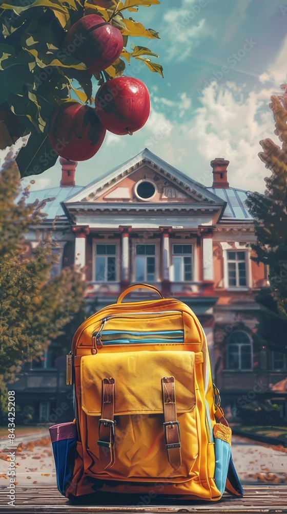 Obraz premium Yellow backpack with apple. Back to school concept