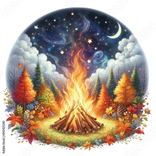 Watercolor Autumn Bonfire Clipart