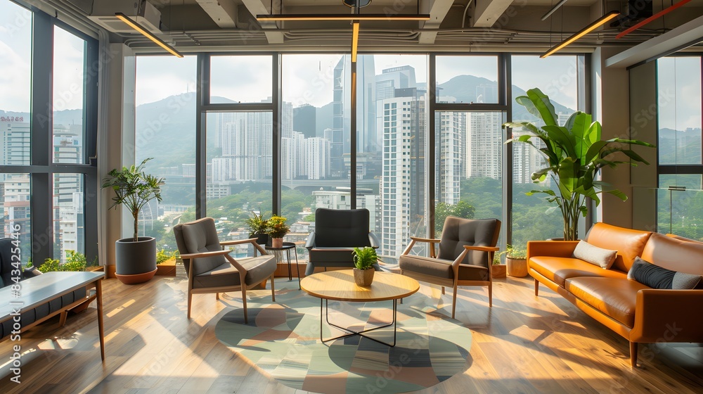 Fototapeta premium Bright coworking office with city views, spacious layout, and modern furniture, filled with natural light