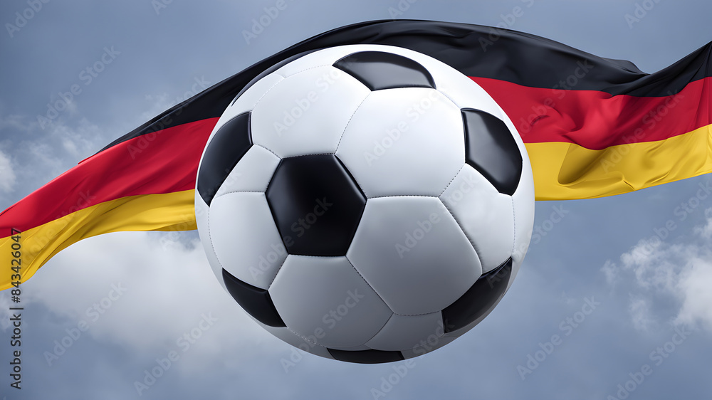 Generative AI. The symbolic power of success and victory. Classic soccer ball (football) has black and white color on Germany flag. Generative AI. The symbolic power of success and victory. Classic soccer ball (football) has black and white color on Germany flag.